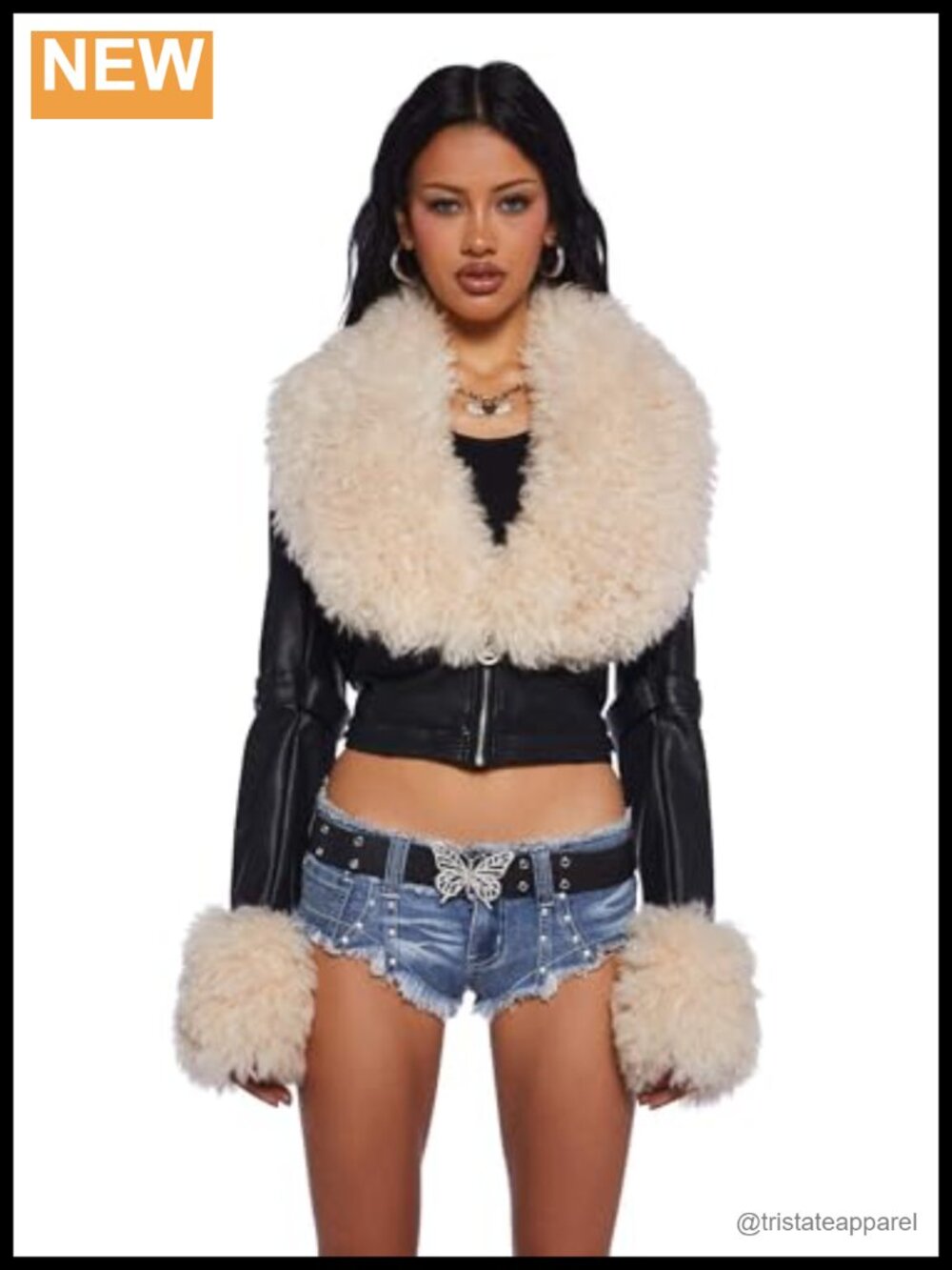 Cropped Vegan Leather Moto Jacket with Faux Fur Trim